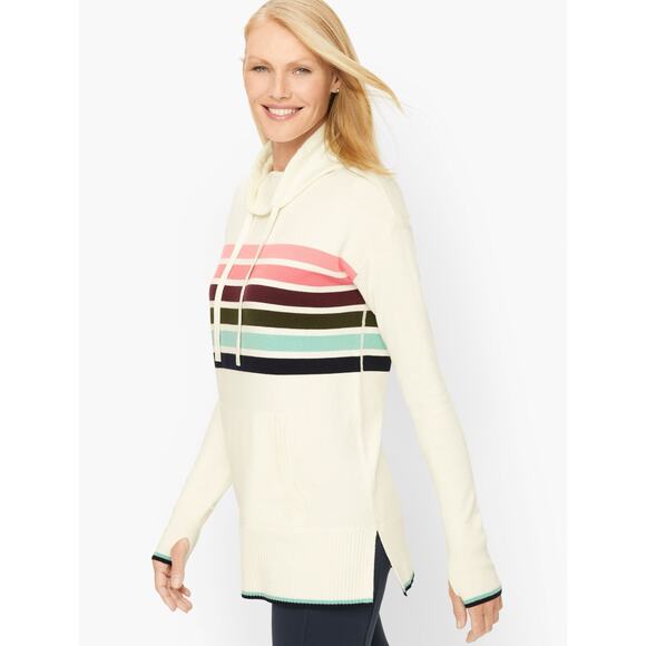 T by TALBOTS Size 1x Ivory White Striped Rainbow Mock Turtleneck Sweater - Picture 1 of 10